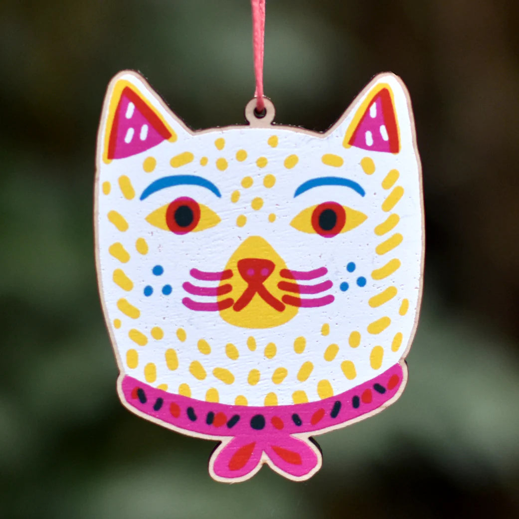 Cat Wearing Ribbon Printed Wooden Ornament