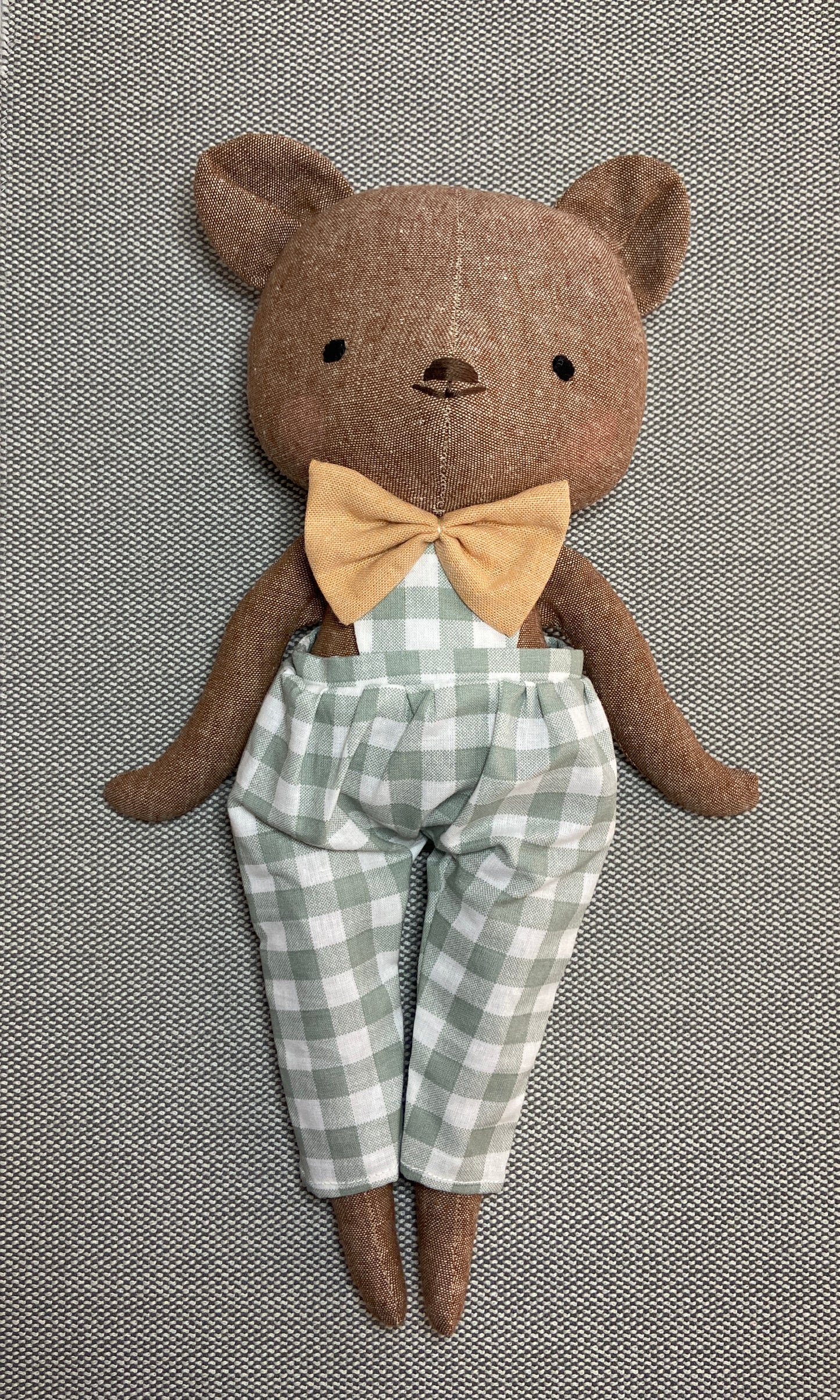 Bear Heirloom Doll in a Sage Vichy Jumpsuit