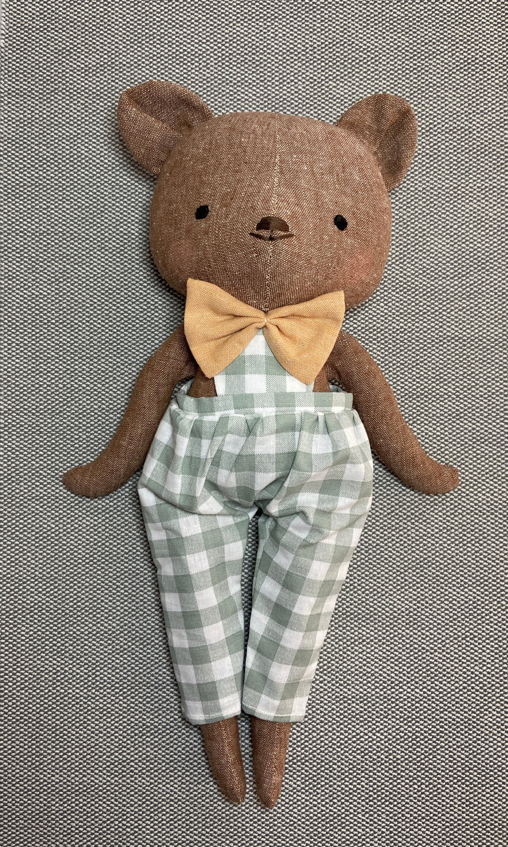 Bear Heirloom Doll in a Sage Vichy Jumpsuit