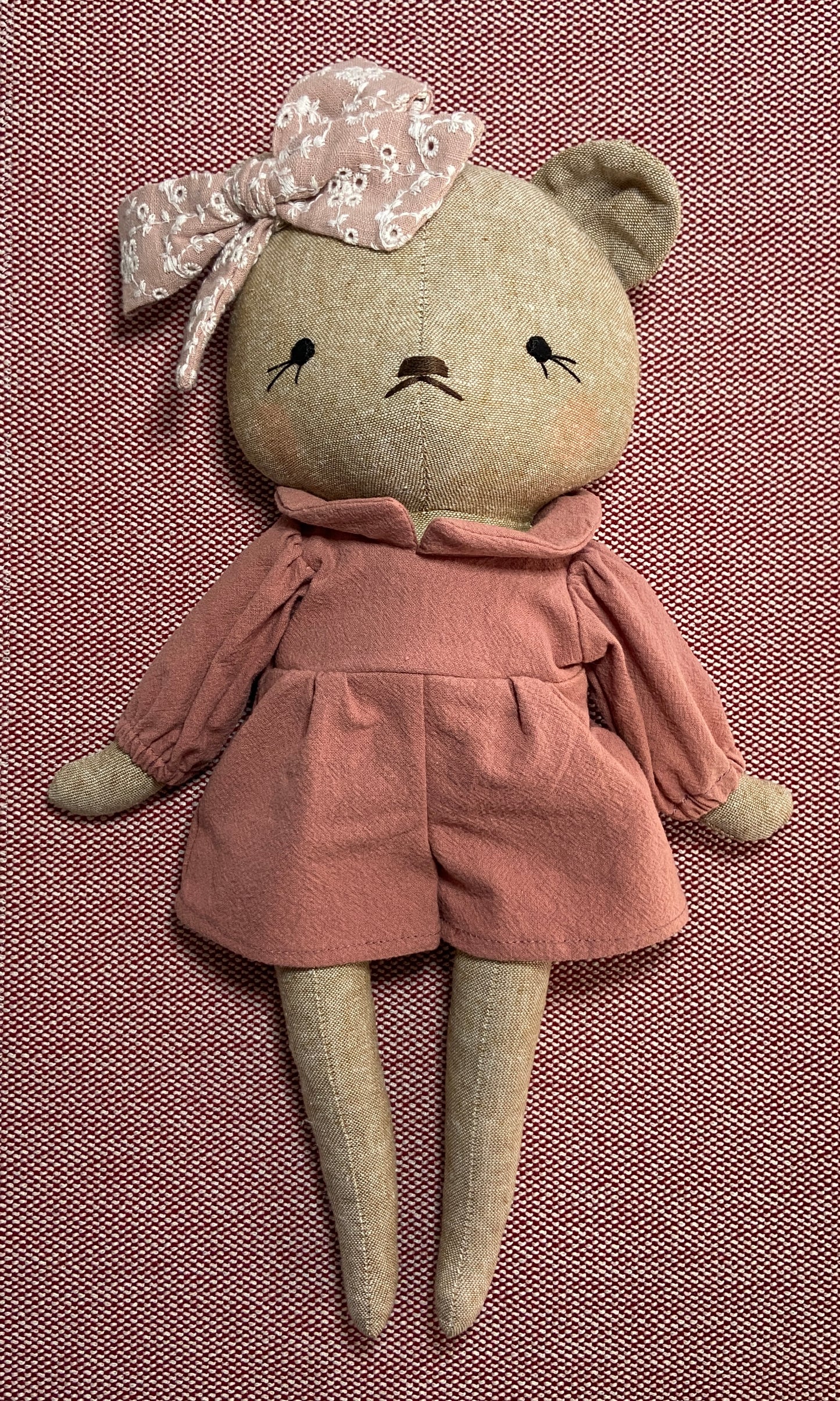 Bear Heirloom Doll in a Dusty Rose Romper