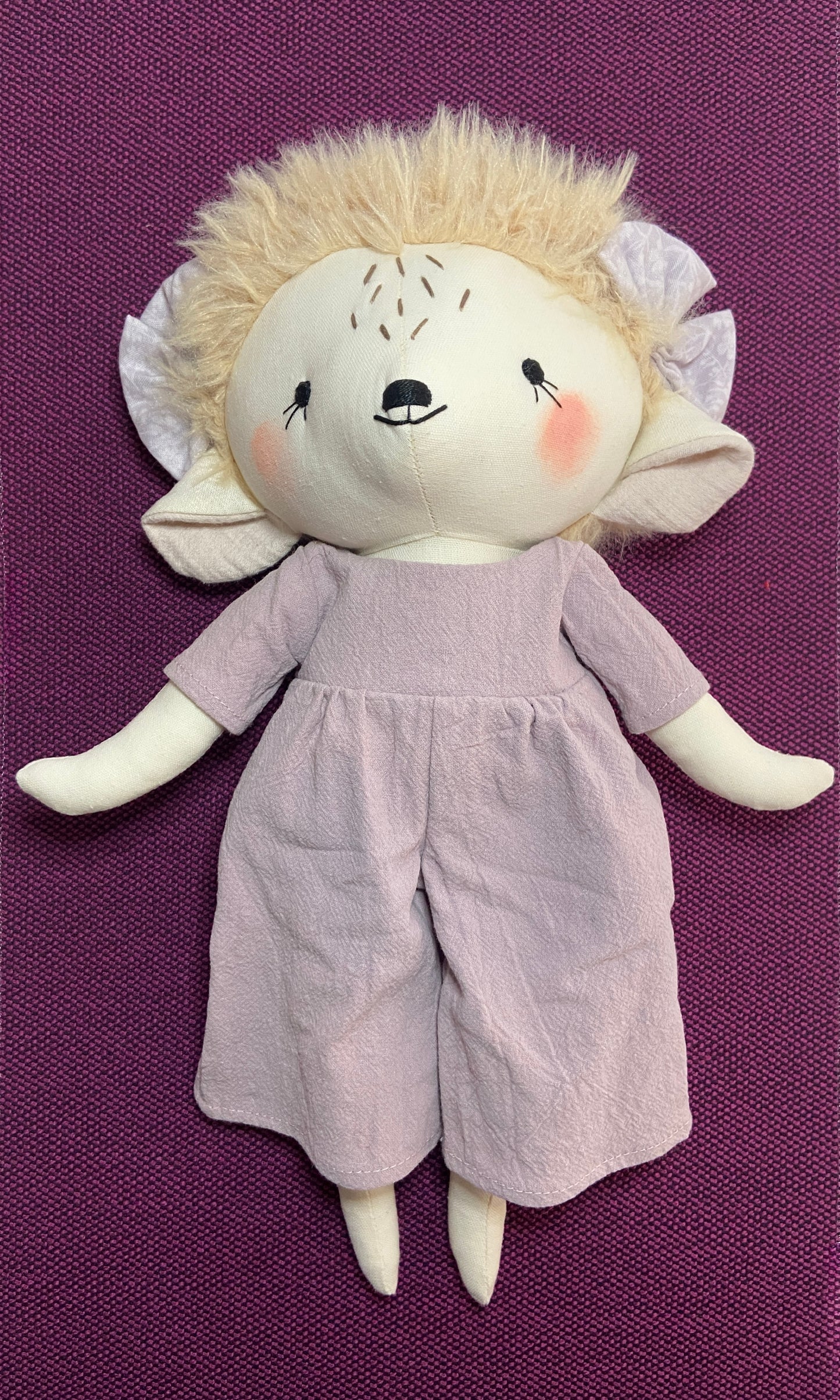 Hedgehog Heirloom Doll in a Lavender Jumpsuit