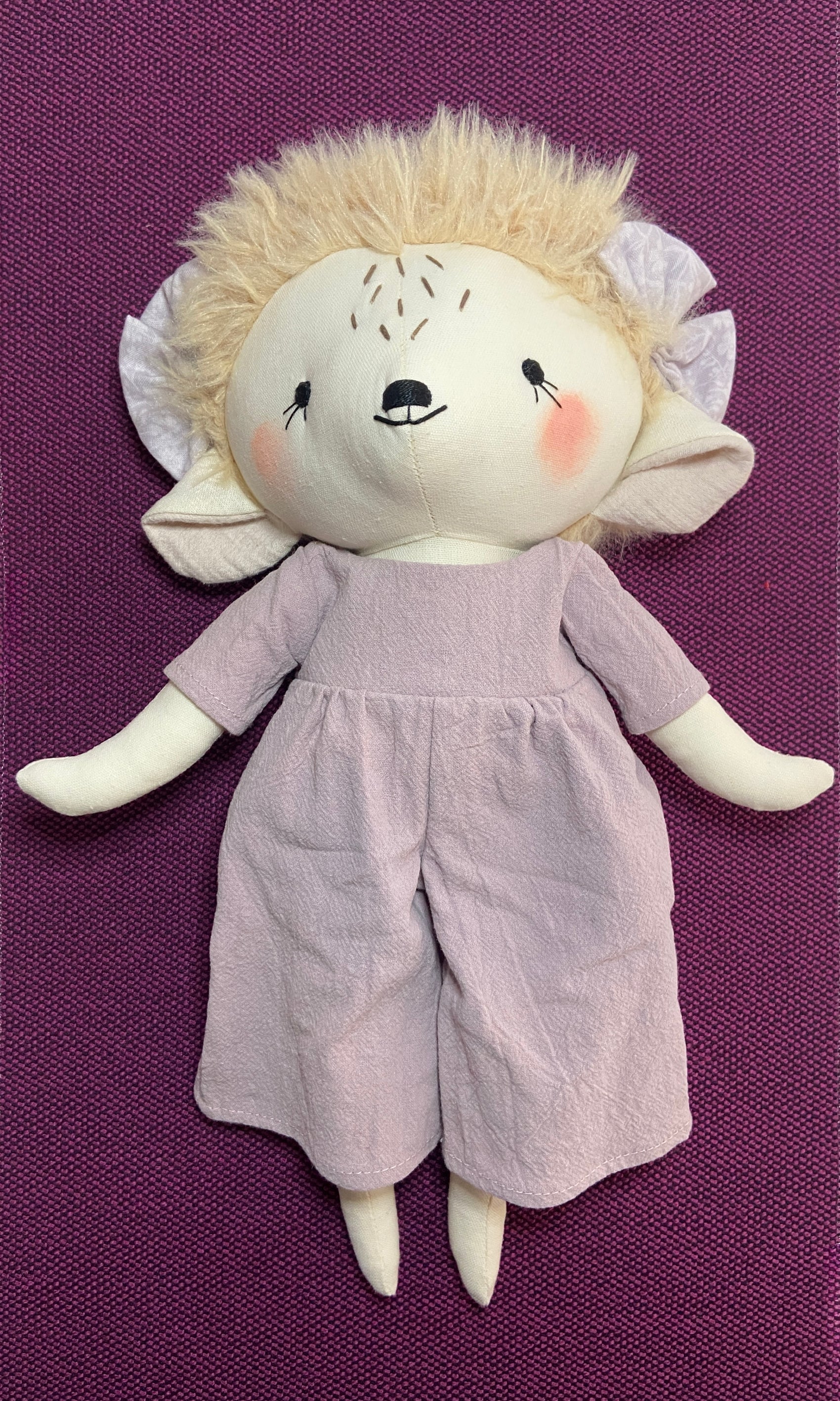 Hedgehog Heirloom Doll in a Lavender Jumpsuit