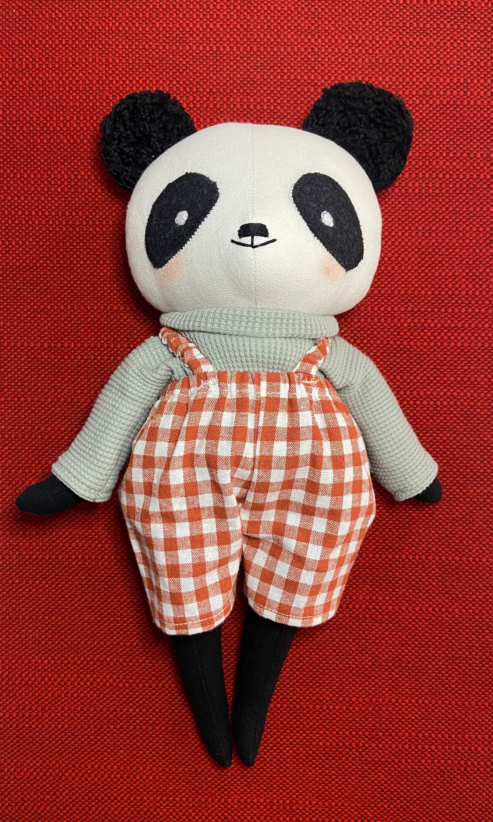 Panda Heirloom Doll in Red Gingham Shorts