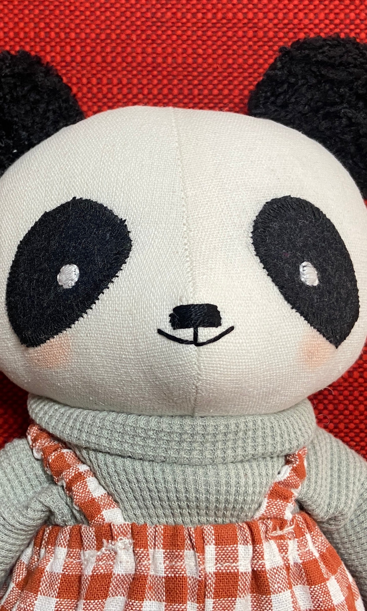 Panda Heirloom Doll in Red Gingham Shorts