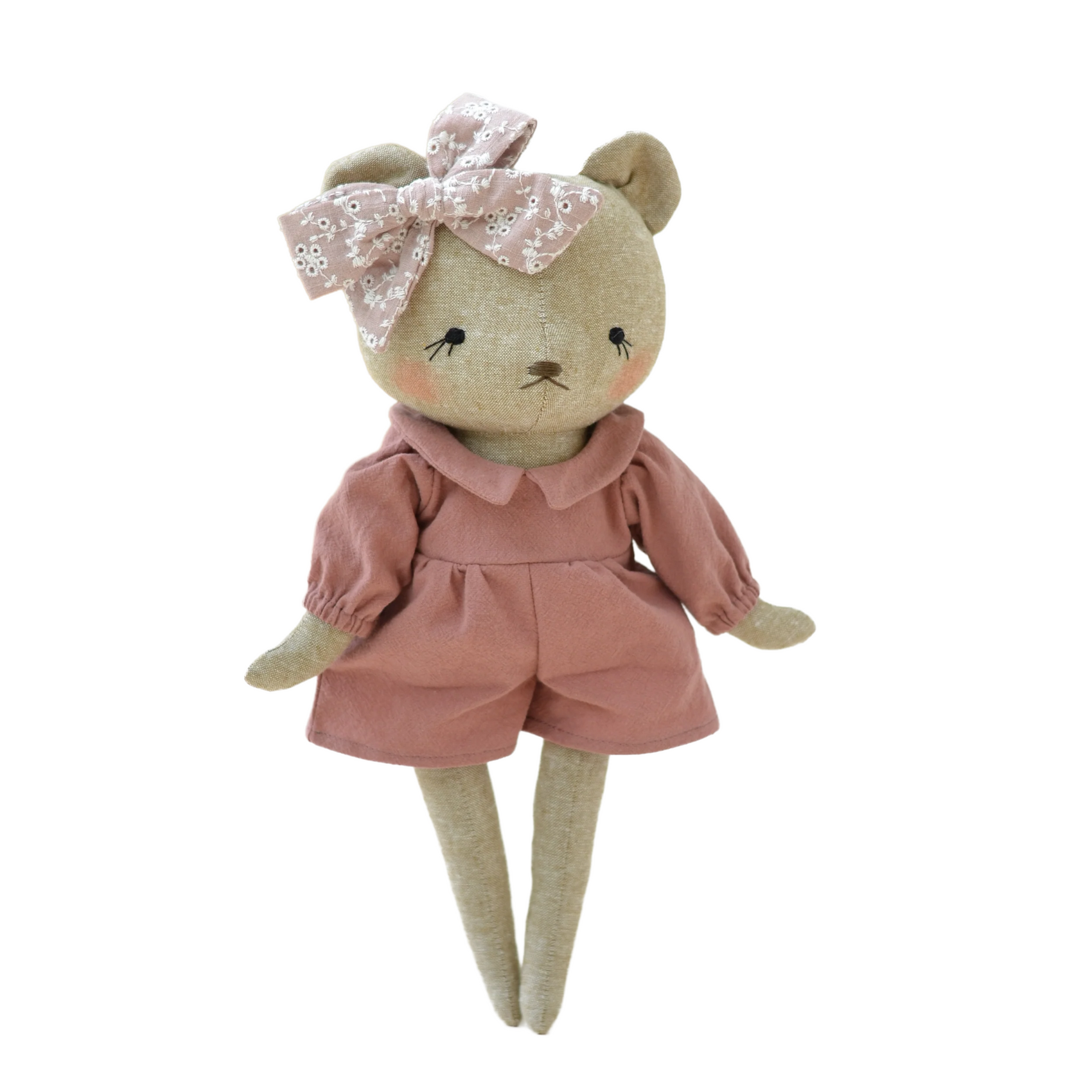 Bear Heirloom Doll in a Dusty Rose Romper